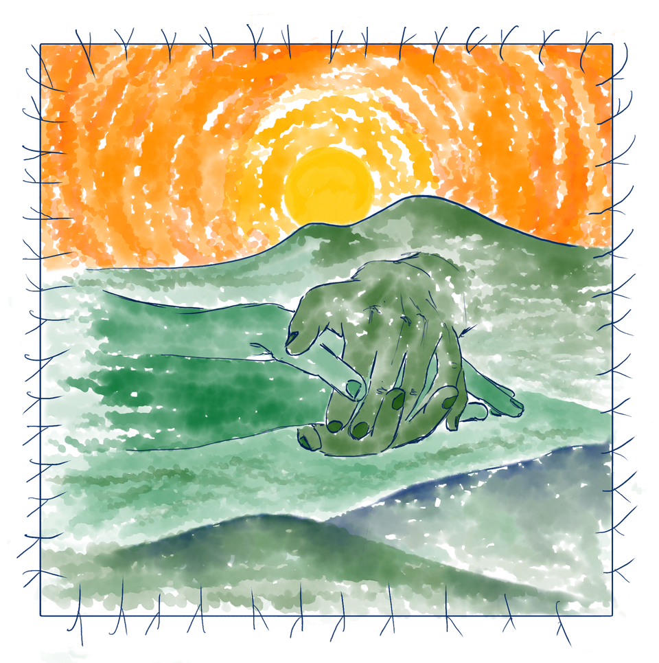 A drawing of mountains in the shape of holding hands