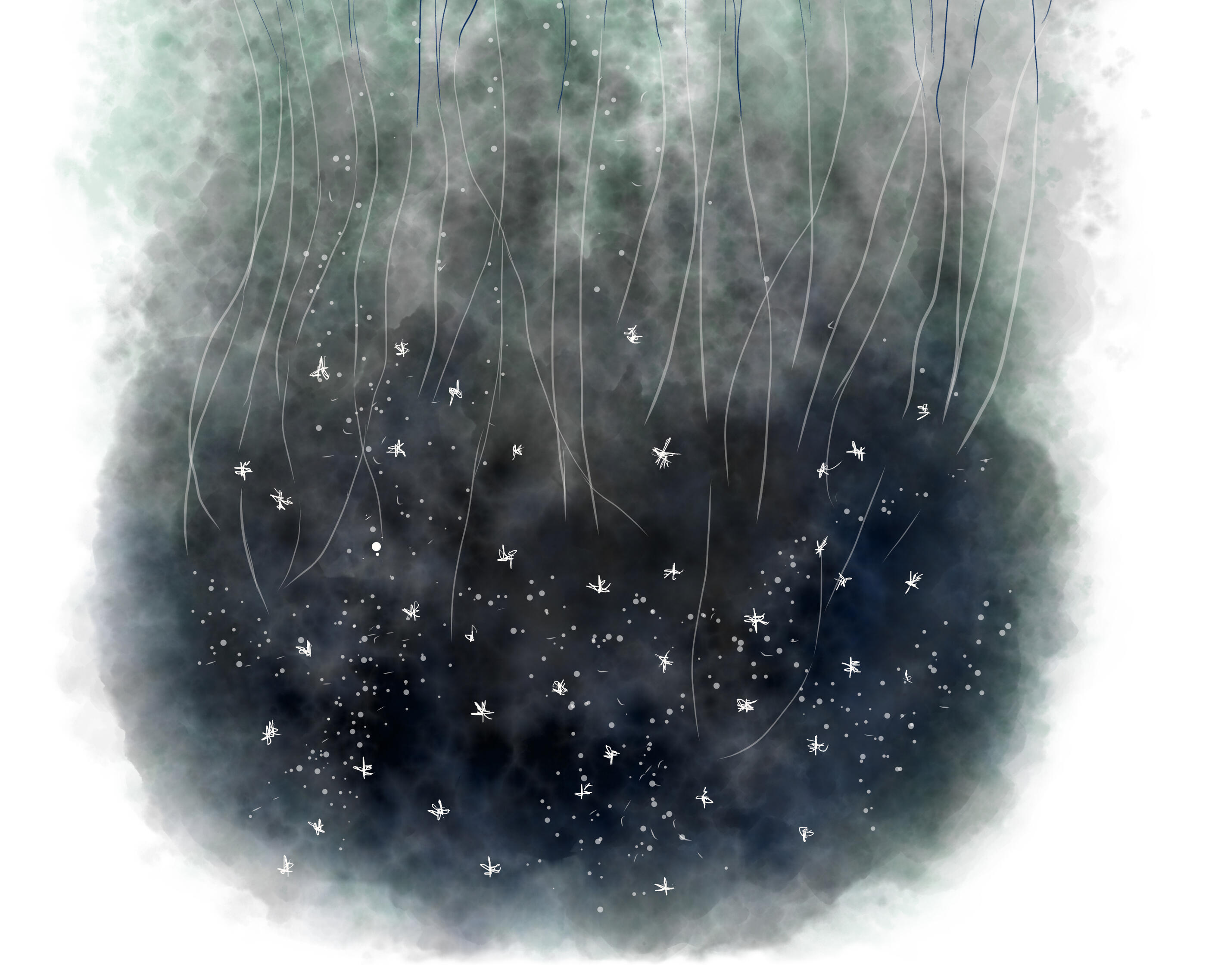Roots of cloudberry flowers extend downwards in a mirrored starry sky, part 3 of 3