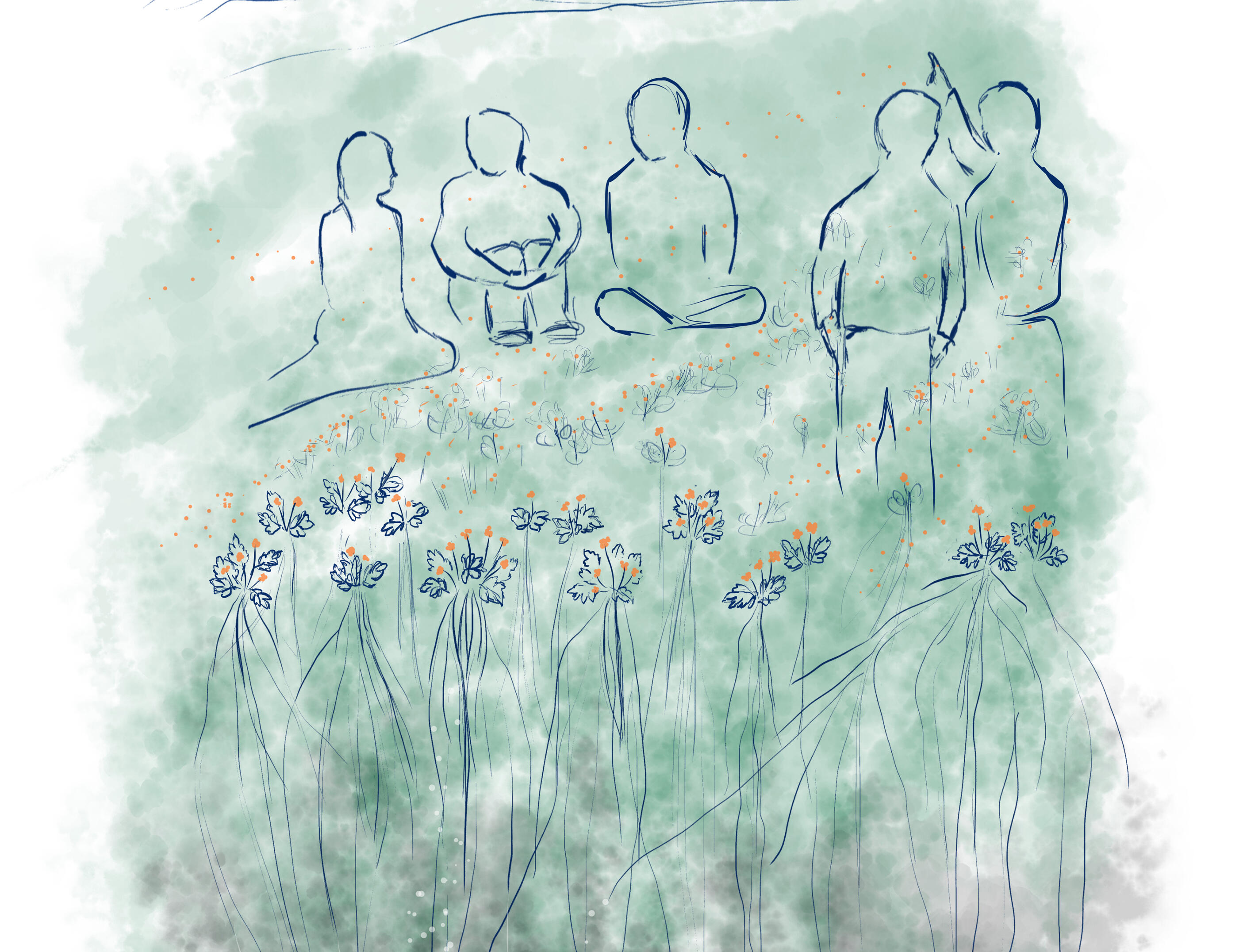 Silhouettes of people talking and looking up, part 2 of 3