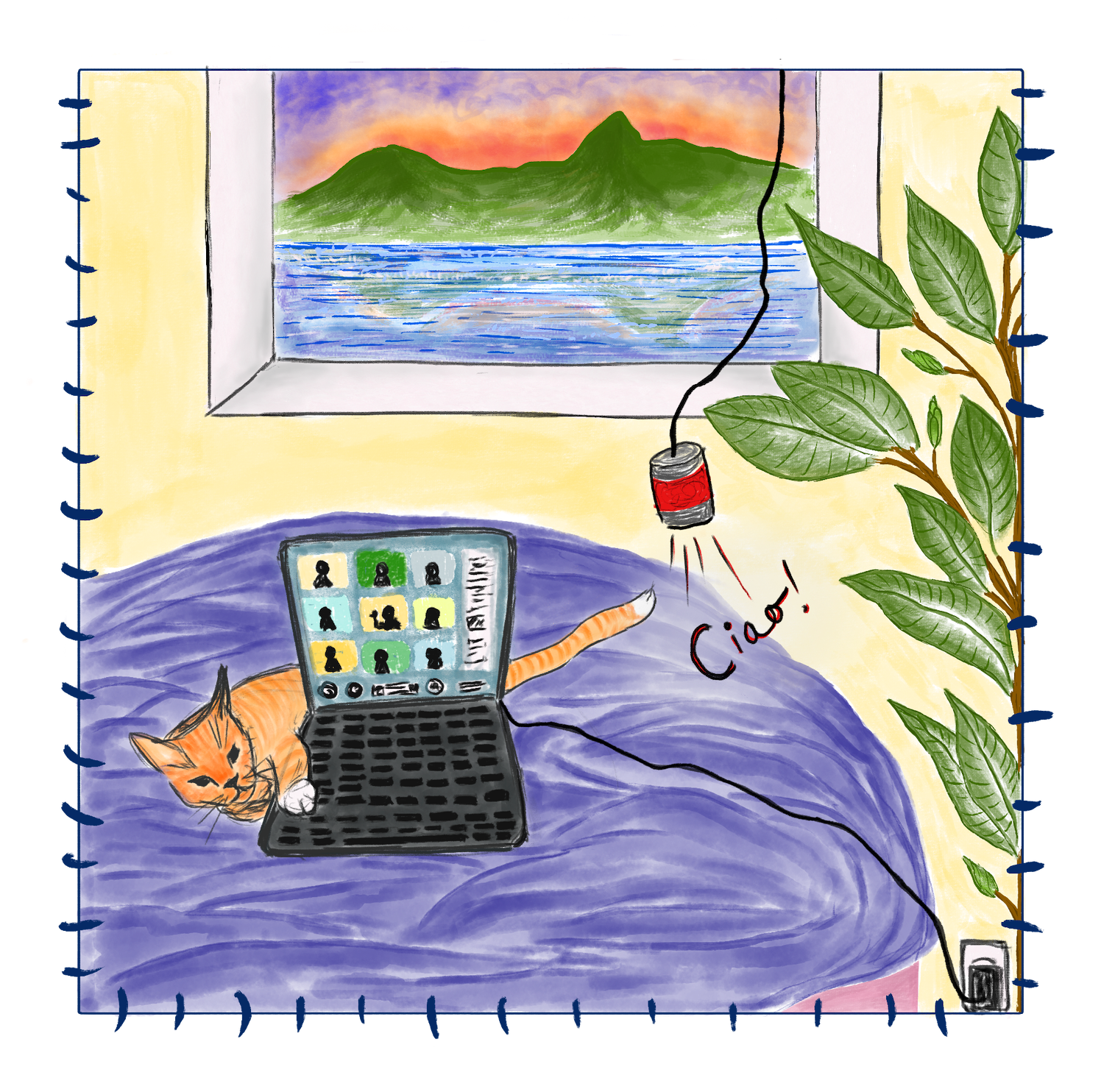 A drawing of a cat by a computer on a video call